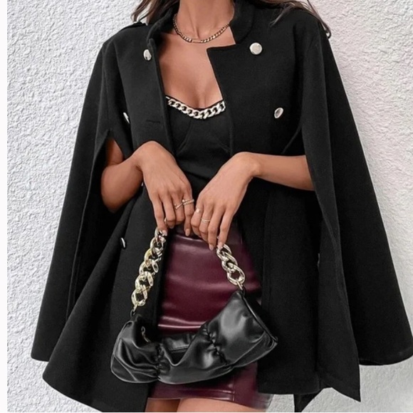 Luxe Black Double Breasted  Button Cape Coat - Picture 3 of 5